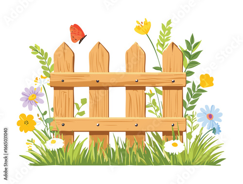  A vibrant garden with colorful wildflowers and a rustic wooden fence, with butterflies adding to the charm
