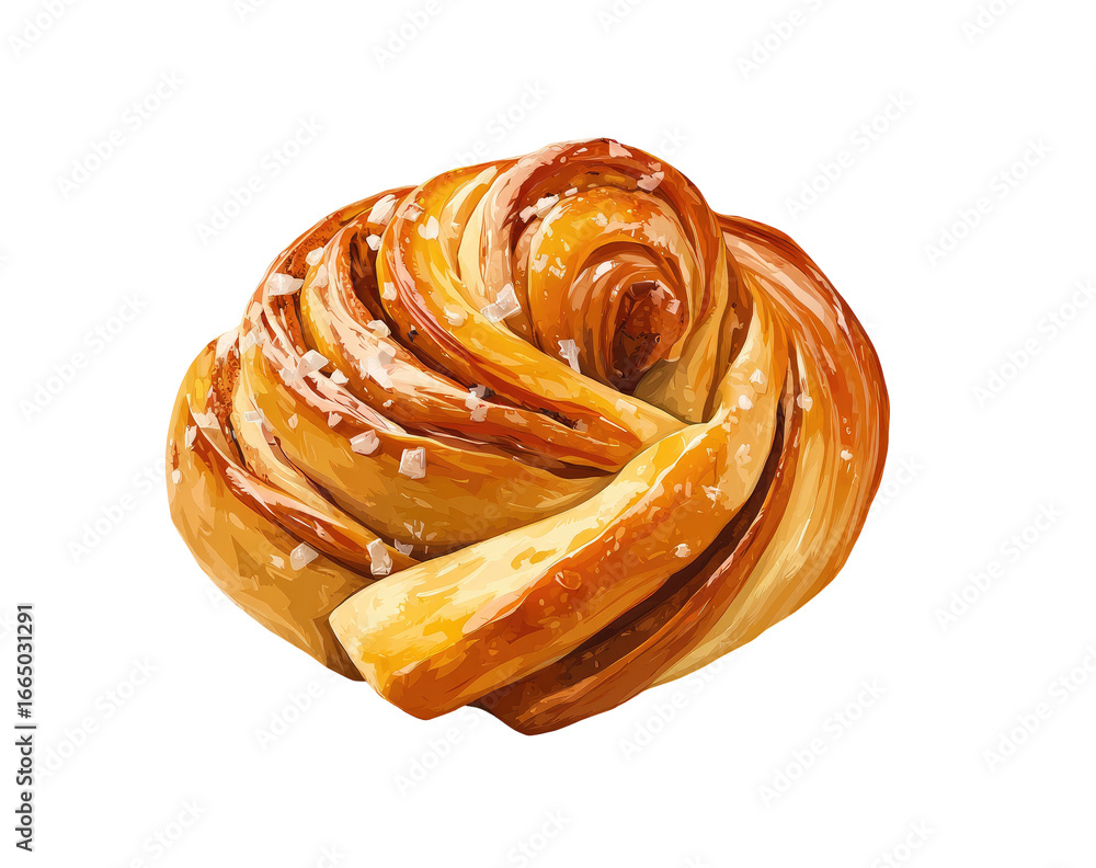 Fototapeta premium Detailed illustration of a cinnamon roll, golden-brown, intricately coiled, topped with coarse sugar