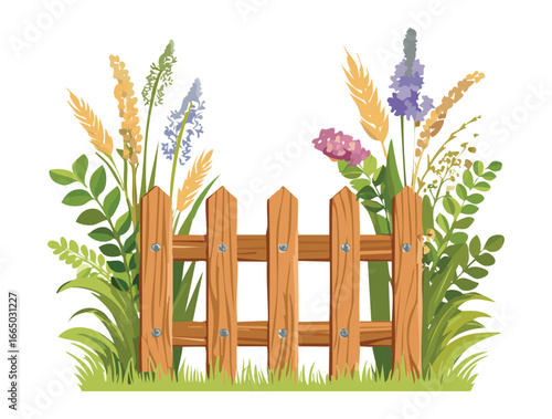 A rustic wooden fence with a variety of wildflowers and golden wheat, creating a natural and serene scene