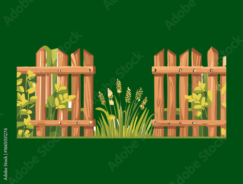 A simple, nature-inspired design with a wooden fence and lush foliage, set against a rich, dark green monochromatic background
