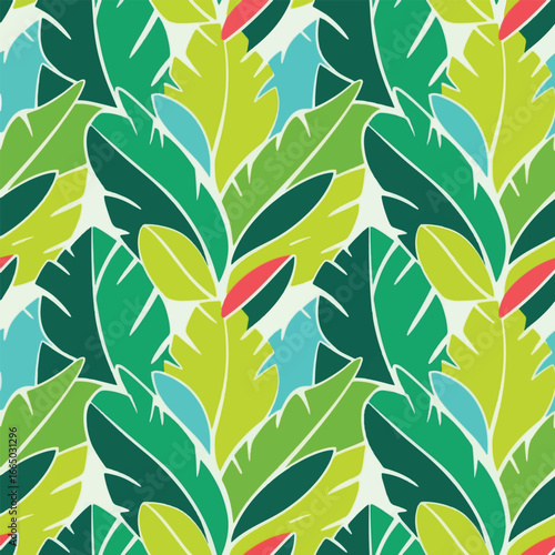 Seamless tropical pattern with green leaves, botanical design for textile and wallpaper.