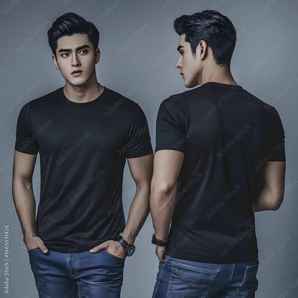Fototapeta premium Stylish Man in Black T-Shirt Mockup Front and Back View