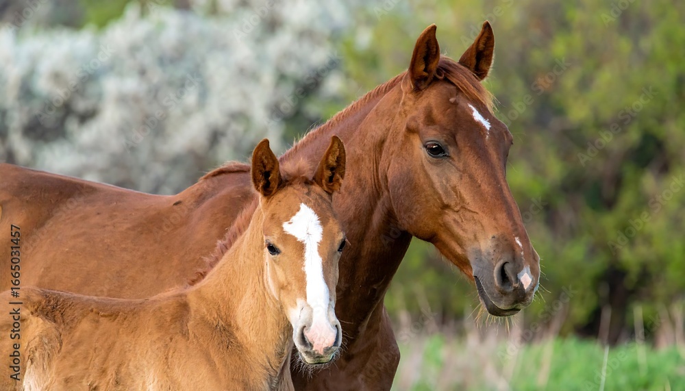 Fototapeta premium Two brown horses, a mother and foal, stand close together in a field with a soft, natural background.