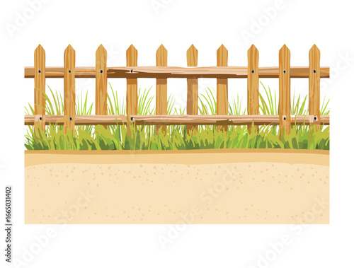 A clear sky above a vibrant green field and a dirt path, all bordered by a classic wooden picket fence