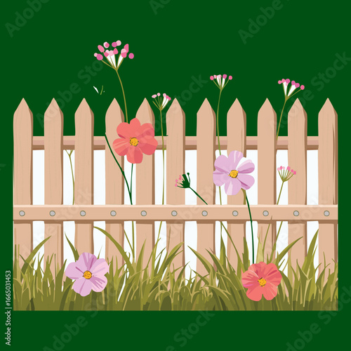 A cute and charming scene of a wooden fence with pink flowers and lush green grass under a blue sky with fluffy white clouds