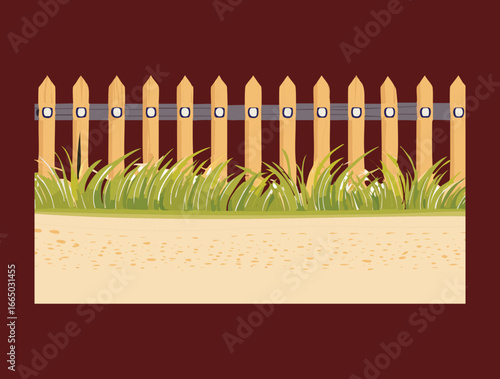 A simple and clean landscape illustration of a dirt road or path leading through a field of green grass with a rustic wooden fence