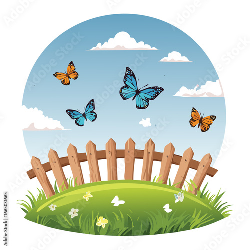 A whimsical landscape with a meadow full of flying butterflies and a peaceful scene under a blue sky