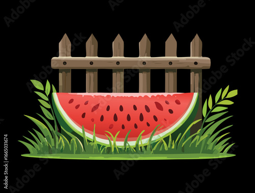 A playful wooden fence with a large slice of watermelon, a unique and fun background for summer themes