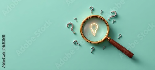 The Magnifying Glass Revealing a Glowing Light Bulb Surrounded by Floating Question Marks