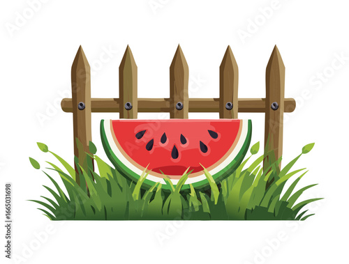 Creative watermelon slice gate in a rustic wooden fence, perfect for a summer food or fruit-themed design