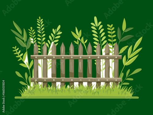 A simple and clean vector illustration of a rustic wooden fence against a lush, solid green background of foliage