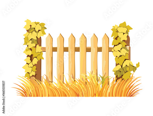 A charming vector illustration of a rustic wooden fence and post covered in leafy green vines on a simple