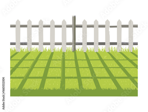 A long, shadow-drenched green lawn with a classic white picket fence, a peaceful and natural outdoor view illustration