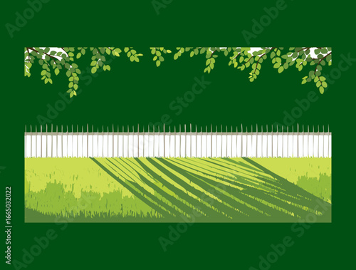 A section of a white picket fence under a blooming green branch, a tranquil and pastoral countryside scene illustration