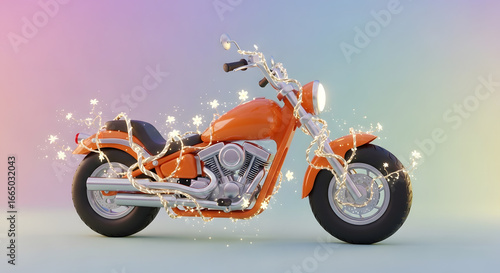 Stylized orange motorcycle adorned with festive lights, creating a whimsical and celebratory atmosphere, presented in a soft pastel gradient background with subtle luminous particle effects