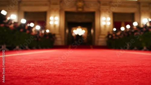  A low-angle view of a red carpet event  lined with paparazzi and flashing cameras  slowly comes into focus  capturing the glamour and excitement of a celebrity premiere.