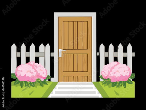 Traditional wooden door with a brass doorknob, framed by a picket fence and lush pink flowers, a classic and inviting home entrance illustration