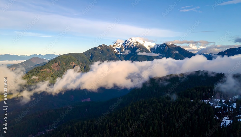 Fototapeta premium A breathtaking vista of snow-capped mountains rising above a valley shrouded in swirling clouds, showcasing the rugged beauty of nature's grandeur.