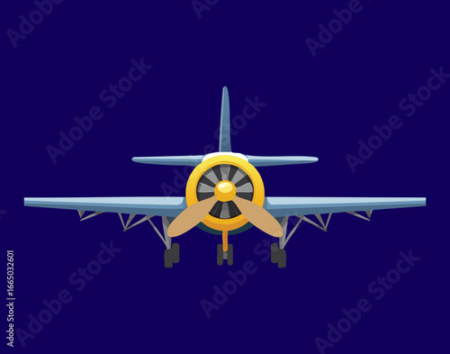 A classic yellow and red biplane front view, a nostalgic and detailed illustration of a vintage aircraft
