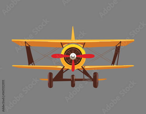 Front view of a classic biplane with a propeller, a nostalgic and detailed illustration of a vintage aircraft
