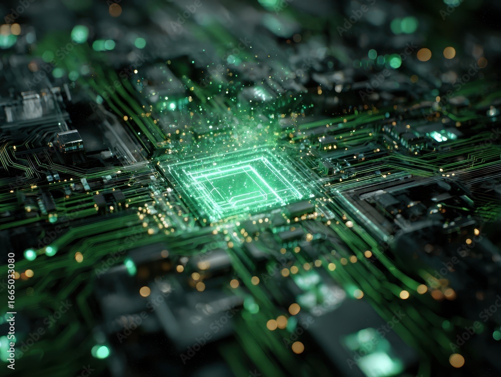 Fototapeta premium Computer Chip Glows Green with Activity on the Board, a Tech Concept Background