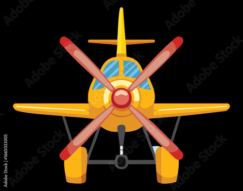 Front view of a classic biplane with a large propeller, a vintage and timeless illustration of an old airplane
