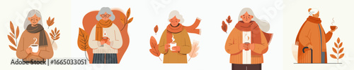 vector of a half body grandmother enjoying coffee to warm the body in autumn