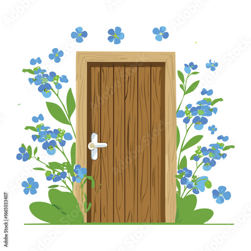 Quaint wooden door surrounded by charming blue forget-me-not flowers, a peaceful and picturesque cottage scene illustration