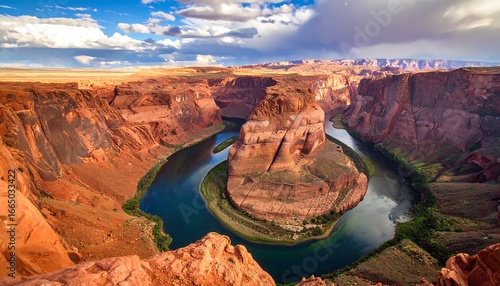 A breathtaking vista of the Colorado River carving a majestic horseshoe bend through the red rock canyons of the southwest.
