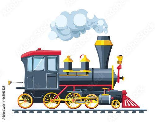 A classic steam train with a lot of smoke, a detailed illustration of an old powerful railway engine
