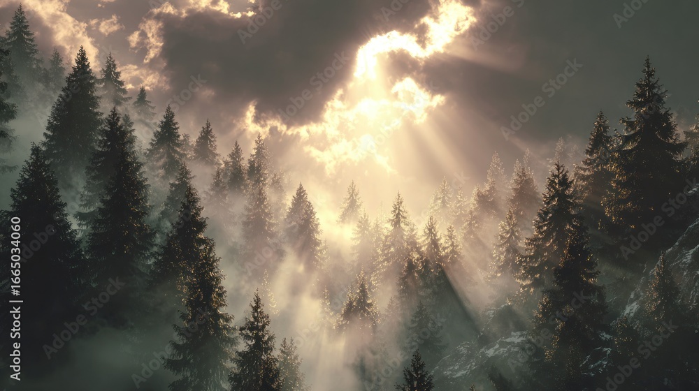 Naklejka premium Sunbeams pierce misty mountain forest