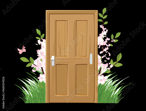 Elegant brown wooden door with delicate white blossoms on dark stems, a sophisticated and serene entryway illustration