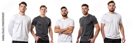 Stylish men wearing casual t shirts in various colors, showcasing modern fashion and confidence. Perfect for sports or everyday wear