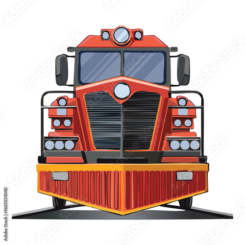 Front view of an old classic red train locomotive, a powerful and detailed representation of railroad history and power
