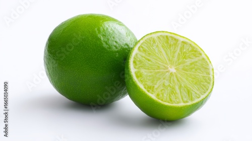 Fresh limes sit side by side in a bright setting. One lime is whole while the other is half-cut to reveal its juicy interior. Perfect for culinary uses or beverages. AI
