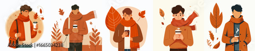 vector of a half body man enjoying coffee to warm the body in autumn
