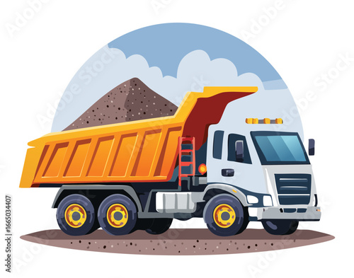 Front view of a white dump truck carrying a heavy load of gravel, a clean and professional illustration of a heavy vehicle
