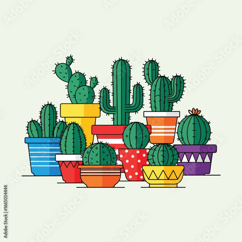 A vibrant collection of assorted cactus plants in colorful, decorative pots, depicted in a flat vector illustration style.