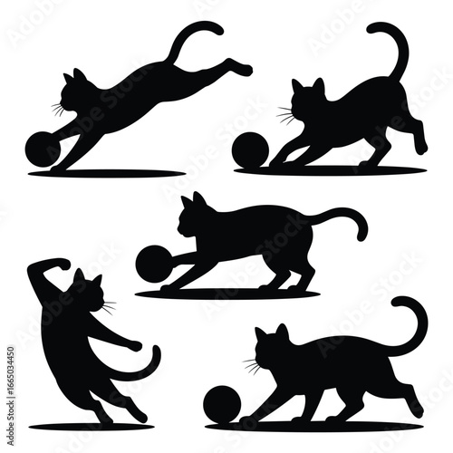 Playful cat silhouettes five feline friends engaging with balls in dynamic poses