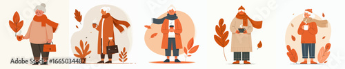 vector of a grandmother enjoying coffee to warm the body in autumn