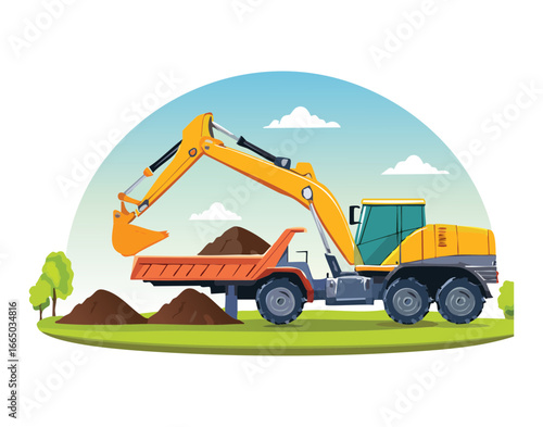 Yellow Dump Truck And An Excavator Digging Dirt At A Construction Site Industrial Heavy Duty Machinery Transportation Scene