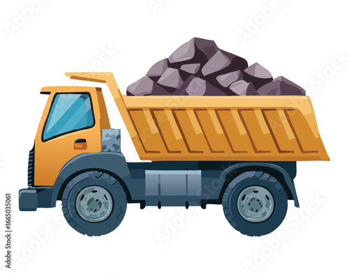 Yellow Dump Truck Carrying A Full Load Of Coal On A White Background Heavy Duty Industrial Vehicle