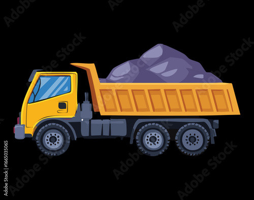 Yellow Dump Truck Loaded With Coal On A Black Background Industrial Construction Vehicle