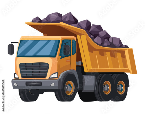  Yellow Dump Truck Loaded With Stones Isolated On A White Background Industrial Construction Vehicle Transportation Concept