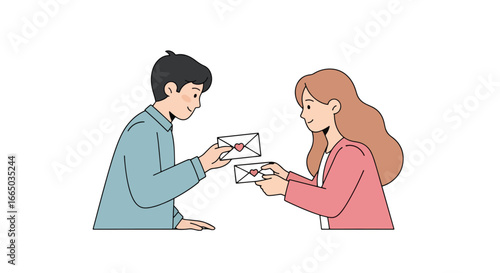 A young man and woman smiling at each other while exchanging love letters sealed with red hearts.