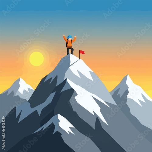 Climber reaches the summit of a snow-capped mountain at sunrise.