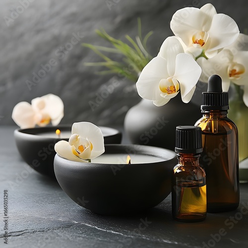 Serene Spa Setting, Candles, Orchids, Essential Oils