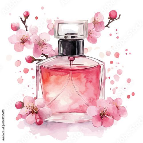 Spring Blossom Perfume Bottle, watercolor clipart vector, isolated on a white background.