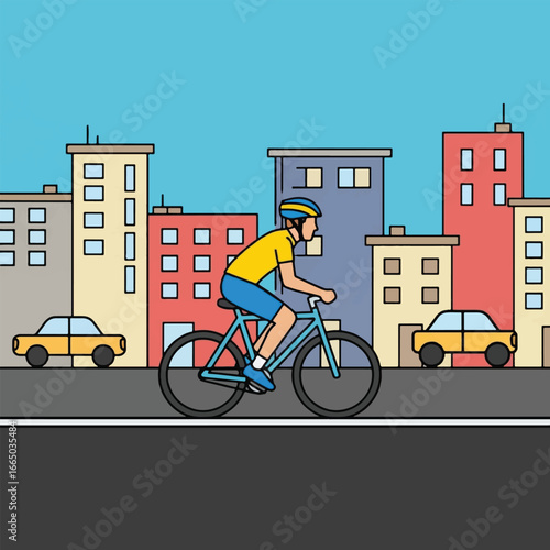 A person riding a bicycle on a road in a city with buildings and cars.