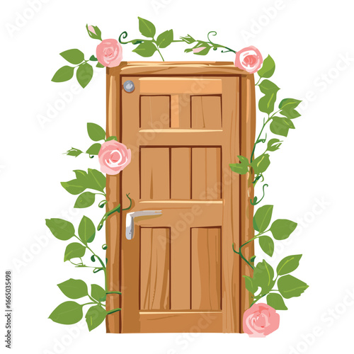 Plain wooden door with a simple doorknob, surrounded by blooming pink roses and verdant green leaves, a peaceful home entrance illustration